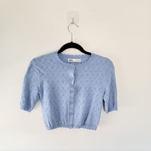 Zara Pointelle Cropped Short Sleeve Button Down Cardigan